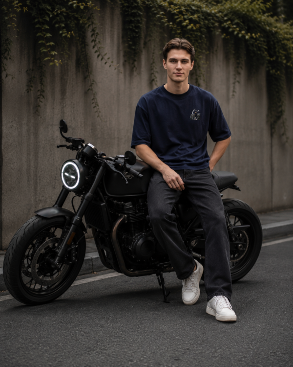 ChatGPT Image Jul 22, 2026, 03_16_59 PM Mens Oversized Navy Blue Biker Graphic T-Shirt | Urban Rider Back Print | Premium Loopknit Cotton 240 GSM | Streetwear Motorcycle Statement Tee