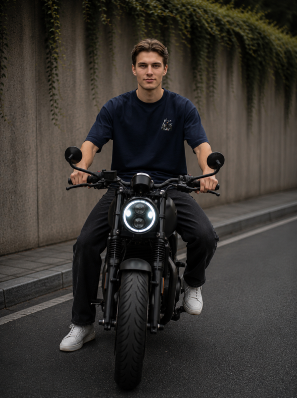 ChatGPT Image Jul 22, 2026, 03_24_44 PM Mens Oversized Navy Blue Biker Graphic T-Shirt | Urban Rider Back Print | Premium Loopknit Cotton 240 GSM | Streetwear Motorcycle Statement Tee