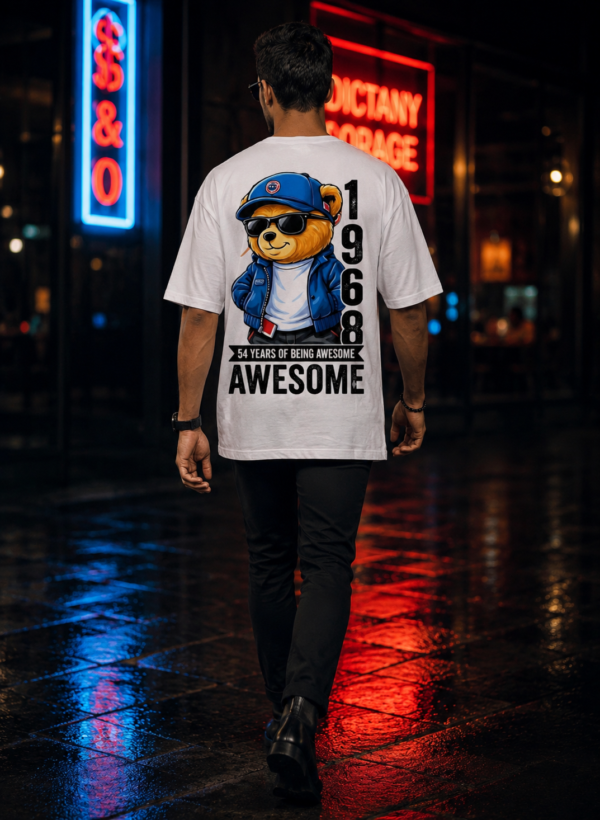 Awesome 1968 Anime Bear Oversized T-Shirt for Men | Birthday Special Cartoon Bear Back Print DTF T-Shirt | Modern Streetwear Casual Wear | Premium Loopknit 240 GSM Oversized Fit BY Giftspeaks