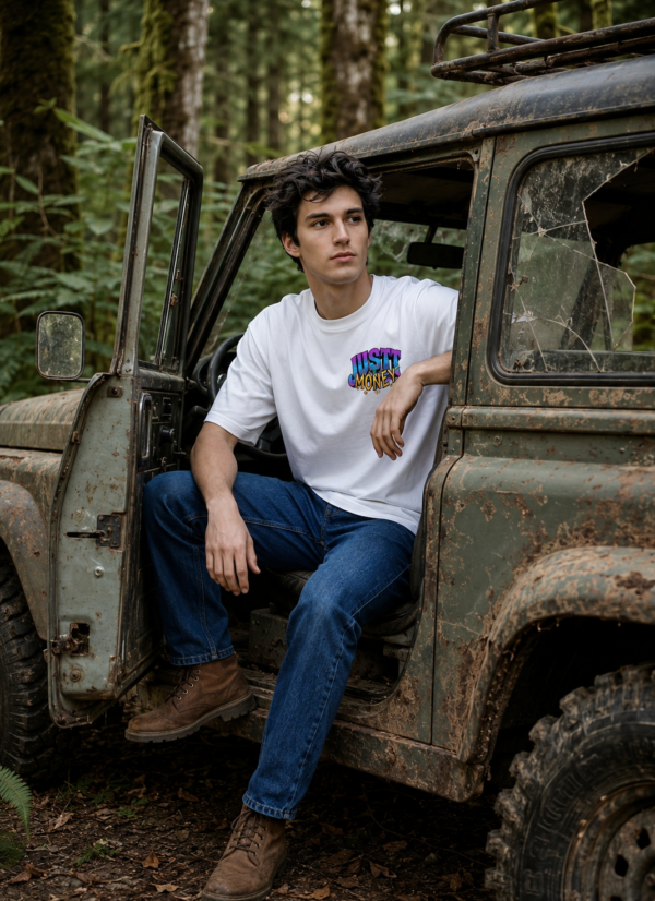 Just Money Oversized Men T-Shirt | Bear Cash Graphic Back Print | White