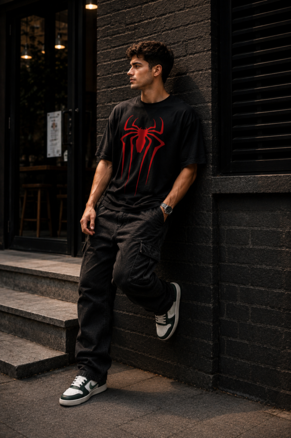 ChatGPT Image Jul 22, 2026, 12_14_35 PM Men Oversized Black Superhero Spider Graphic T-Shirt | Bold Red Spider Emblem & Back Print | Premium Loopknit Cotton 240 GSM | Streetwear Comic Style Tee