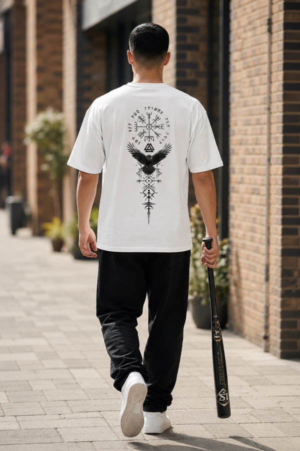 ChatGPT Image Jul 22, 2026, 12_37_12 PM Men Oversized White Norse Raven Symbol Graphic T-Shirt | Viking Compass Back Print | Premium Loopknit Cotton 240 GSM | Mythology Streetwear Tee