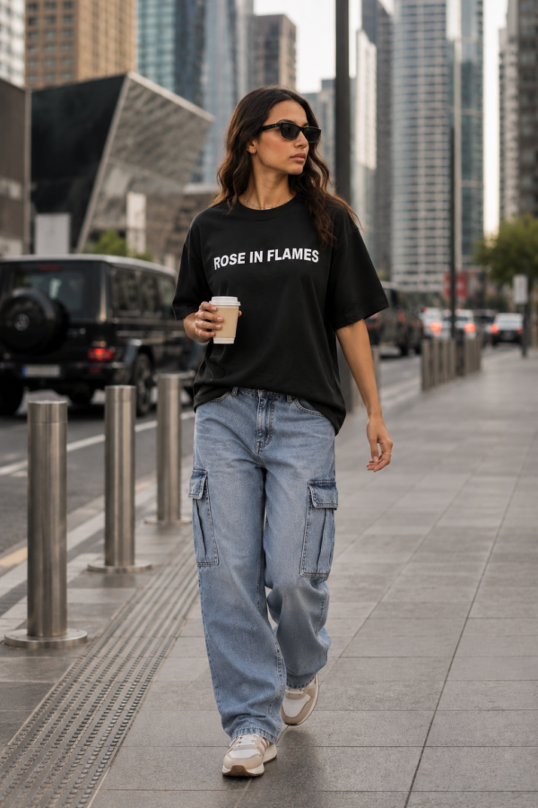 Black Rose in Flames Graphic Printed Women’s Oversized T-Shirt | Premium Loopknit Fabric 240 GSM | Minimal Front Text & Bold Back Print Streetwear Tee – GiftSpeaks