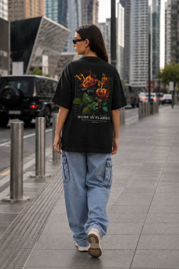 Black Rose in Flames Graphic Printed Women’s Oversized T-Shirt | Premium Loopknit Fabric 240 GSM | Minimal Front Text & Bold Back Print Streetwear Tee – GiftSpeaks