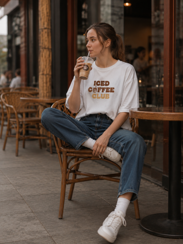 ChatGPT Image Jul 23, 2026, 03_00_54 PM Iced Coffee Club Women Oversized T-Shirt | Minimal Coffee Graphic Print | White