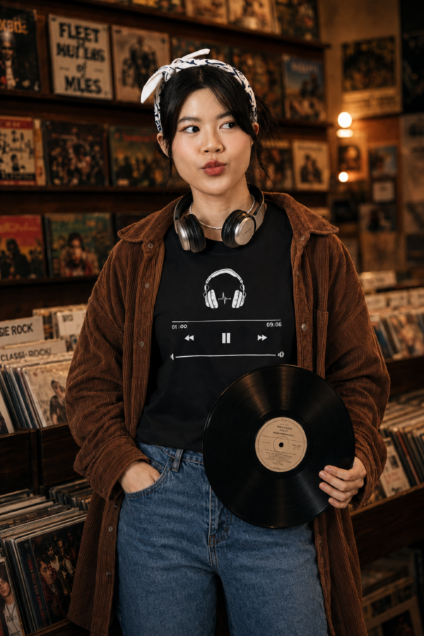 ChatGPT Image Jul 23, 2026, 03_44_11 PM Minimal Music Player Graphic Black Oversized T-Shirt for Women | Premium Loopknit 240 GSM Streetwear Tee | Round Neck Oversized T-Shirt GiftSpeaks