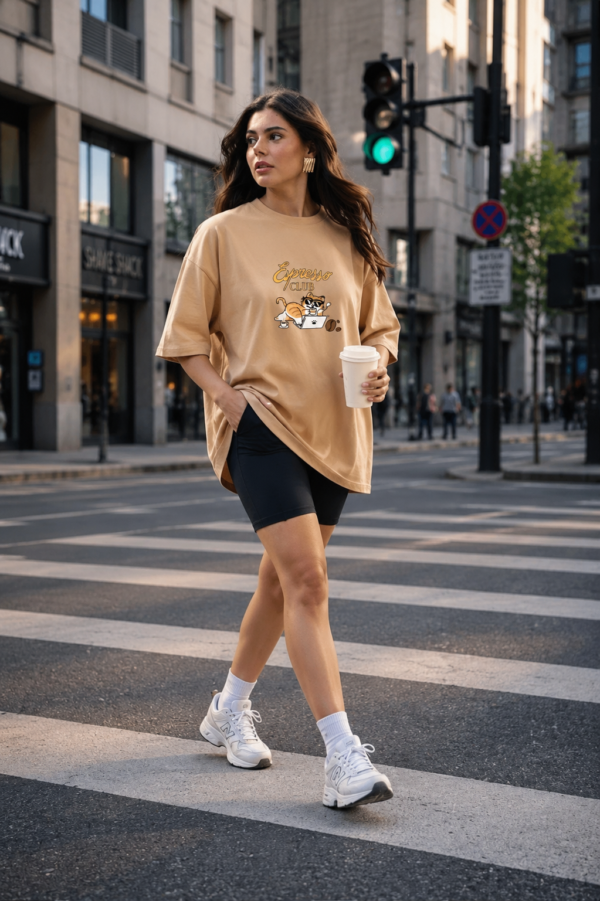 ChatGPT Image Jul 23, 2026, 03_53_19 PM Women Oversized Graphic T-Shirt | Espresso Club Cat Print | Loopknit 240 GSM Casual Cute Coffee Tee