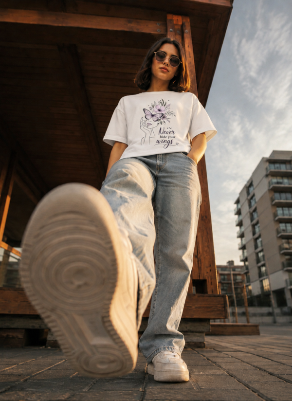 ChatGPT Image Jul 23, 2026, 04_33_22 PM Women's Oversized Butterfly Floral Graphic Printed T-Shirt | Trendy White Aesthetic Typography Baggy Tee for Girls & Women | Casual Drop Shoulder Half Sleeve Round Neck Streetwear Fashion T-Shirt | Loopknit 240 GSM Premium Oversized Fit