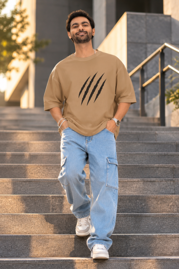 Beastmode Gorilla Graphic Printed Camel Brown Oversized T-Shirt for Men | Front Claw Print & Back Heavy Graphic | Streetwear Round Neck Oversized T-Shirt