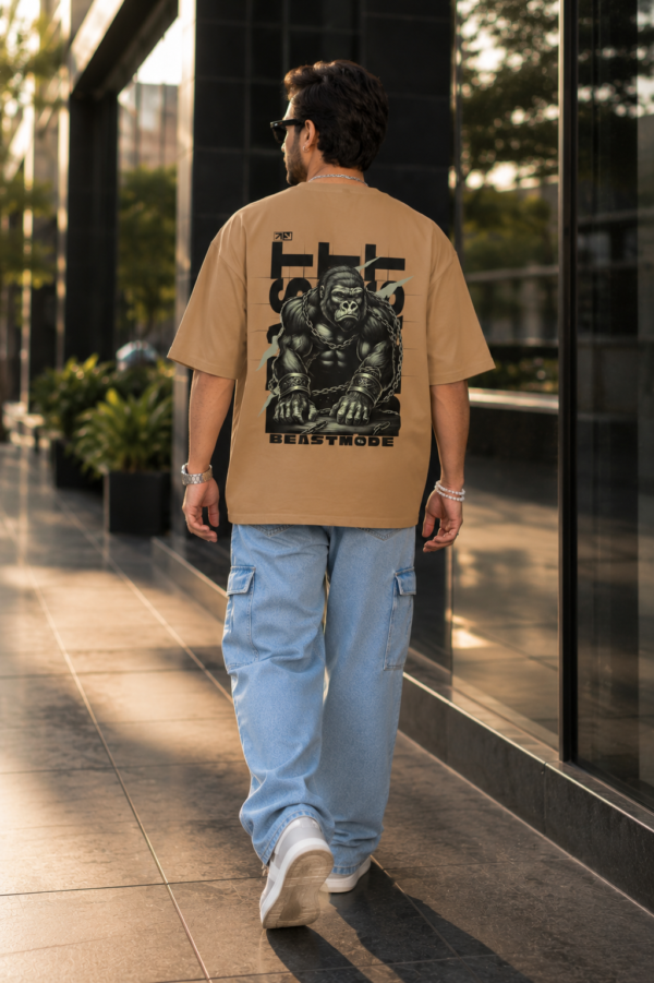 Beastmode Gorilla Graphic Printed Camel Brown Oversized T-Shirt for Men | Front Claw Print & Back Heavy Graphic | Streetwear Round Neck Oversized T-Shirt