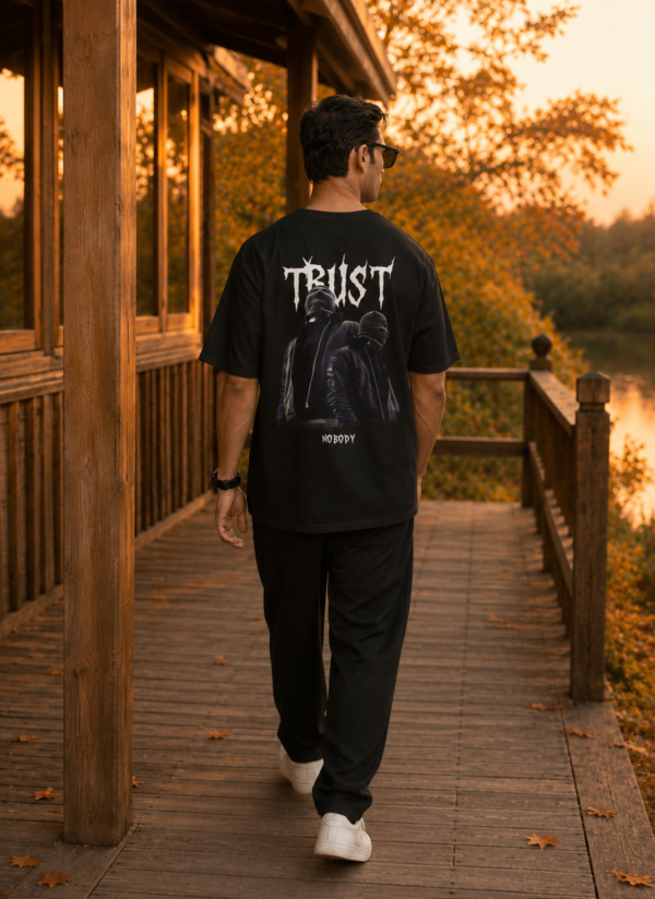 ChatGPT Image Jul 23, 2026, 10_57_04 AM Black Oversized Streetwear T-Shirt for Men | Trust Nobody Graphic Back Print | Loopknit Cotton 240 GSM