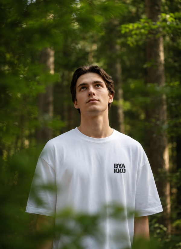 BYAKKO Oversized Men T-Shirt | Lion & Eagle Symbolic Back Print | White