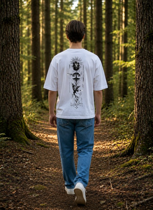 BYAKKO Oversized Men T-Shirt | Lion & Eagle Symbolic Back Print | White