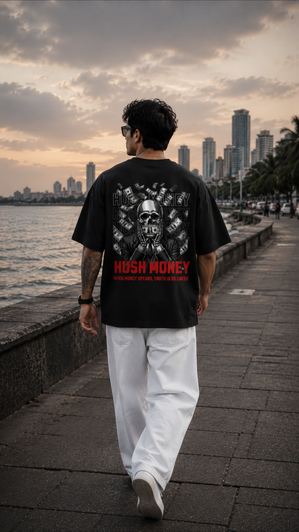 Hush Money Oversized Black T-Shirt for Men | Skull Money Graphic Back Print | Premium Streetwear Loopknit 240 GSM | By Giftspeaks