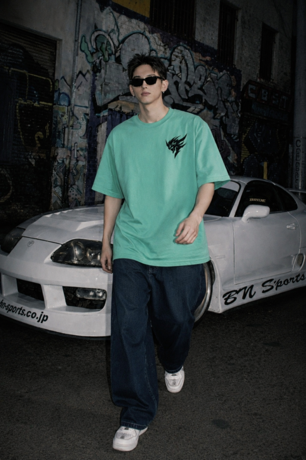 Men's Black Warrior Oversized T-Shirt RAMA Green | Loopknit 240 GSM Heavyweight Streetwear Back Print Tee
