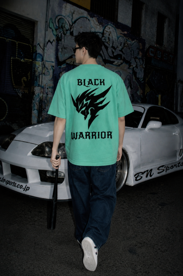 Men's Black Warrior Oversized T-Shirt RAMA Green | Loopknit 240 GSM Heavyweight Streetwear Back Print Tee