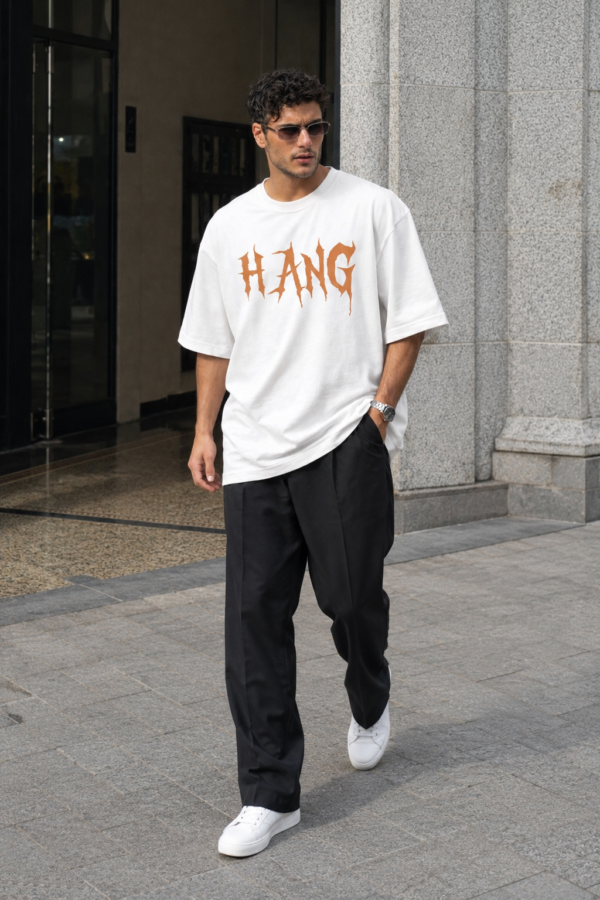 Men's HANGING ON Oversized T-Shirt | White | Loopknit 240 GSM Heavyweight Typography Streetwear Back Print Tee