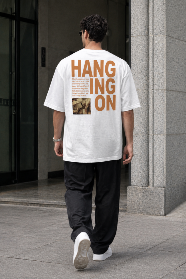 Men's HANGING ON Oversized T-Shirt | White | Loopknit 240 GSM Heavyweight Typography Streetwear Back Print Tee