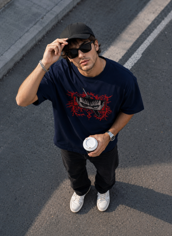 ChatGPT Image Jul 27, 2026, 03_32_42 PM Men's Oversized Anime Warrior Graphic Printed T-Shirt | Dark Navy Blue Streetwear Baggy Tee for Men | Japanese Manga Inspired Drop Shoulder Half Sleeve Round Neck Casual Fashion T-Shirt | Loopknit 240 GSM Premium Oversized Fit