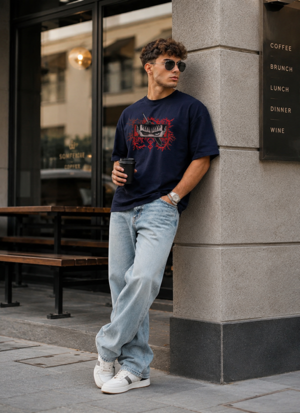 ChatGPT Image Jul 27, 2026, 03_35_06 PM Men's Oversized Anime Warrior Graphic Printed T-Shirt | Dark Navy Blue Streetwear Baggy Tee for Men | Japanese Manga Inspired Drop Shoulder Half Sleeve Round Neck Casual Fashion T-Shirt | Loopknit 240 GSM Premium Oversized Fit