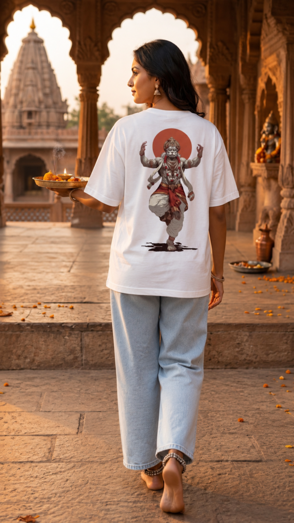 Unisex Oversized Hanuman Warrior Graphic T-Shirt | Bold Devotion Design, White Cotton Tee