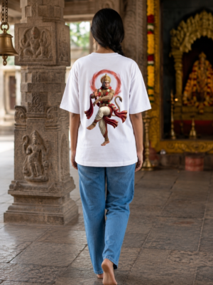 Unisex Oversized Hanuman Graphic T-Shirt Spiritual Warrior Design, White Cotton Tee