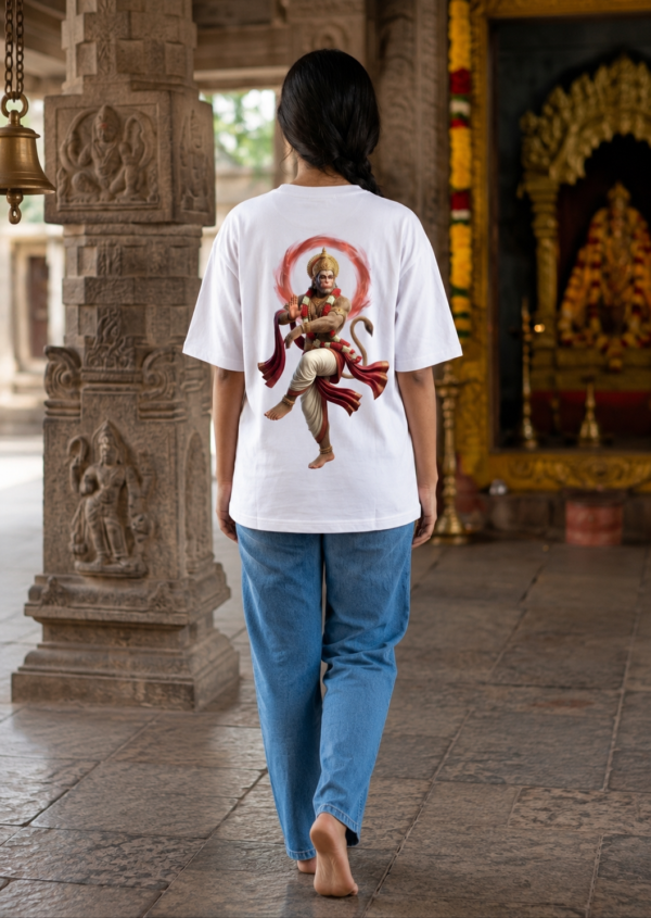 Unisex Oversized Hanuman Graphic T-Shirt Spiritual Warrior Design, White Cotton Tee