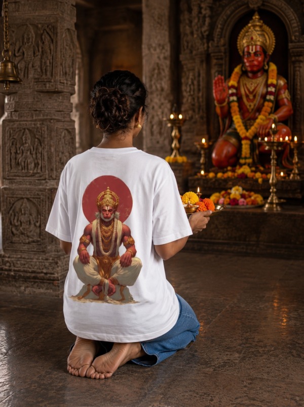 Unisex Oversized Hanuman Graphic Printed T-Shirt for Men & Women | Spiritual Devotional Back Print Oversized Tee | White Half Sleeve Loose Fit Streetwear T-Shirt | Loopknit 240 GSM Premium Cotton Casual Wear