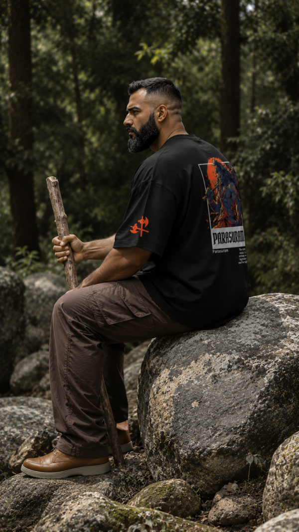 Men's Black Oversized T Shirt | Lord Parashuram Graphic Printed T Shirt | Religious T Shirt for Men | 240 GSM Loopknit Streetwear