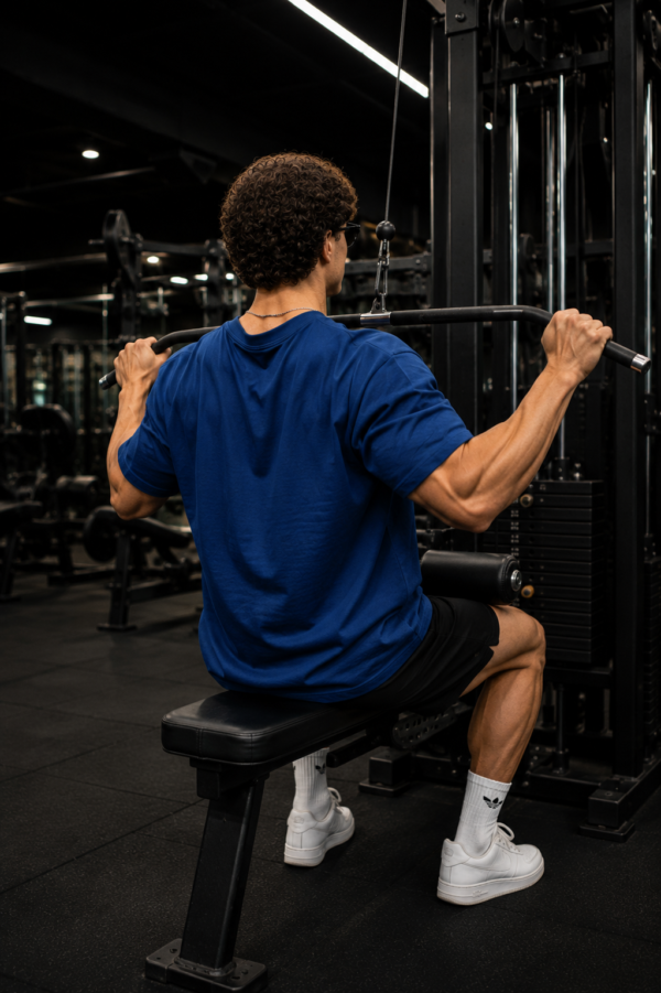 ChatGPT Image Jul 30, 2026, 02_27_54 PM Men’s Navy Blue Oversized Gym T-Shirt – “Gym Is Life” Muscle Back Design | 240 GSM Cotton | DTF Print
