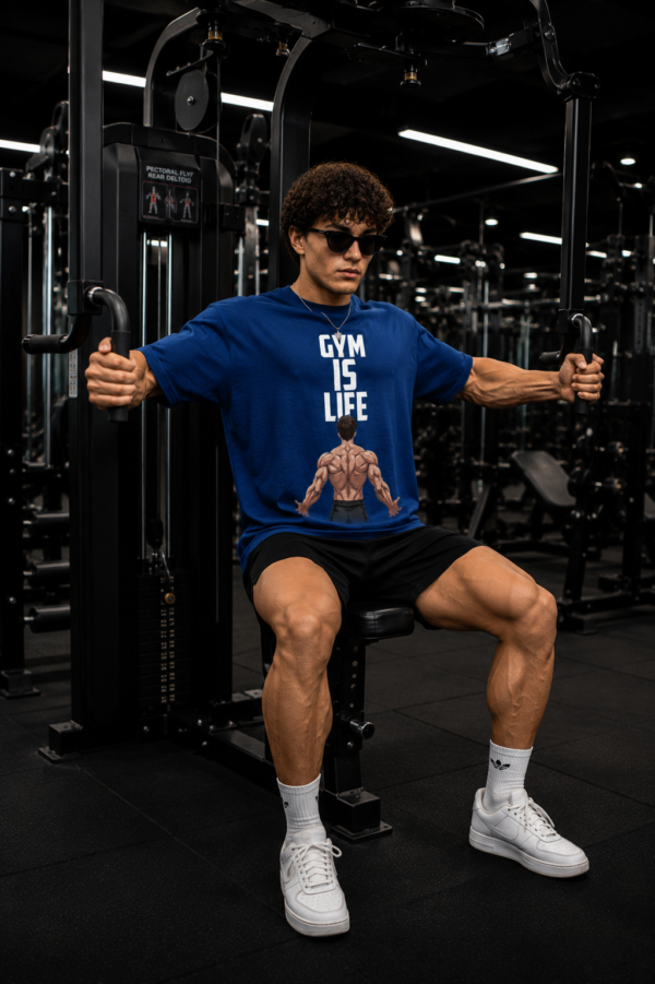 ChatGPT Image Jul 30, 2026, 02_28_03 PM Men’s Navy Blue Oversized Gym T-Shirt – “Gym Is Life” Muscle Back Design | 240 GSM Cotton | DTF Print