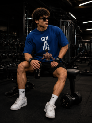 ChatGPT Image Jul 30, 2026, 02_29_59 PM Men’s Navy Blue Oversized Gym T-Shirt – “Gym Is Life” Muscle Back Design | 240 GSM Cotton | DTF Print