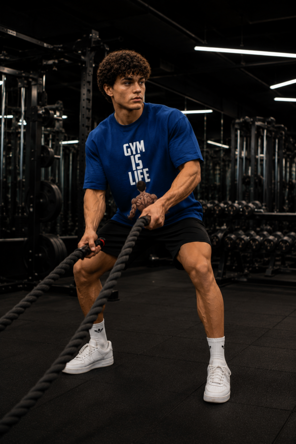 ChatGPT Image Jul 30, 2026, 02_37_31 PM Men’s Navy Blue Oversized Gym T-Shirt – “Gym Is Life” Muscle Back Design | 240 GSM Cotton | DTF Print