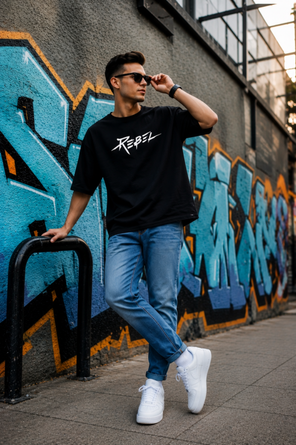 ChatGPT Image Jul 30, 2026, 02_45_19 PM Men’s Oversized Black Rebel T-Shirt – Loopknit Cotton 240 GSM with DTF Print Streetwear Style