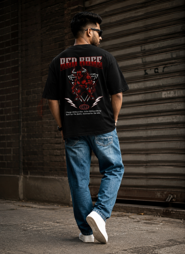 Men’s Oversized Black Red Rage T-Shirt – Loopknit Cotton 240 GSM Streetwear Fit