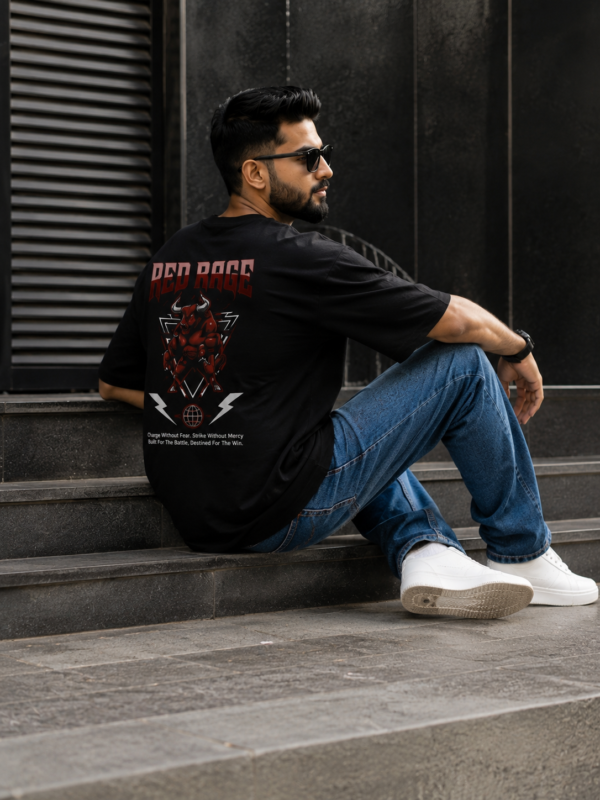 Men’s Oversized Black Red Rage T-Shirt – Loopknit Cotton 240 GSM Streetwear Fit