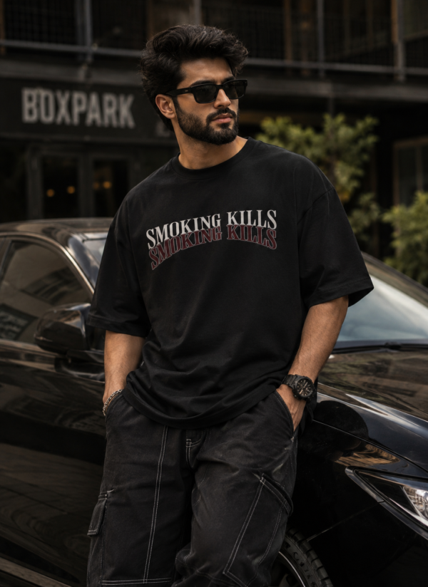Men’s Oversized Black Smoking Kills T-Shirt – Loopknit Cotton 240 GSM Streetwear Fit