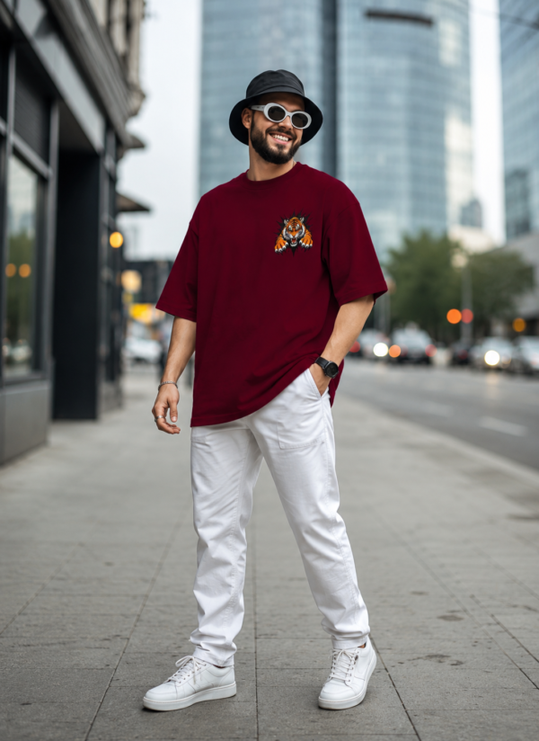 ChatGPT Image Jul 30, 2026, 03_37_57 PM Men�s Oversized Maroon Tiger Graphic Printed T-Shirt | Trendy Animal Print Streetwear Baggy Tee for Men | Casual Half Sleeve Round Neck Drop Shoulder Fashion T-Shirt | Loopknit 240 GSM Premium Oversized Fit