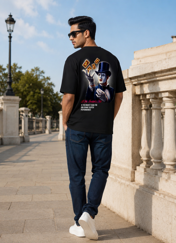 Illusion Magician Oversized Black T-Shirt for Men | Mystery Card Graphic Back Print | Premium Streetwear Loopknit 240 GSM | By Giftspeaks