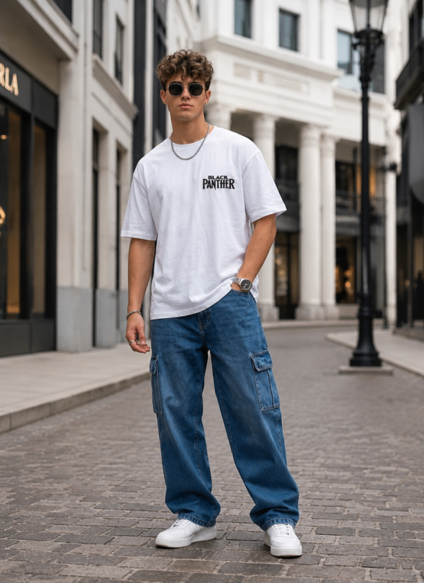 Men's Black Panther Oversized T-Shirt White | Loopknit 240 GSM Heavyweight Graphic Back Print Streetwear Tee