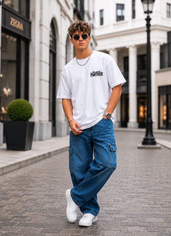 Men's Black Panther Oversized T-Shirt White | Loopknit 240 GSM Heavyweight Graphic Back Print Streetwear Tee