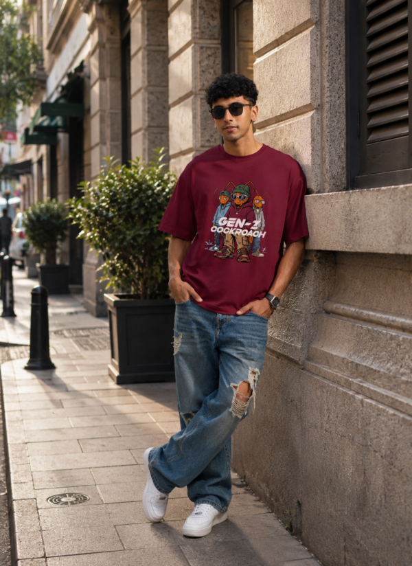 Men's Maroon Oversized T-Shirt with Gen-Z Cockroach Graphic Print for Men | Trendy Streetwear Baggy Fit Half Sleeve Round Neck Casual Tee | Premium Loopknit 240 GSM Heavyweight Cotton Oversized T-Shirt for Daily Wear, College & Urban Fashion