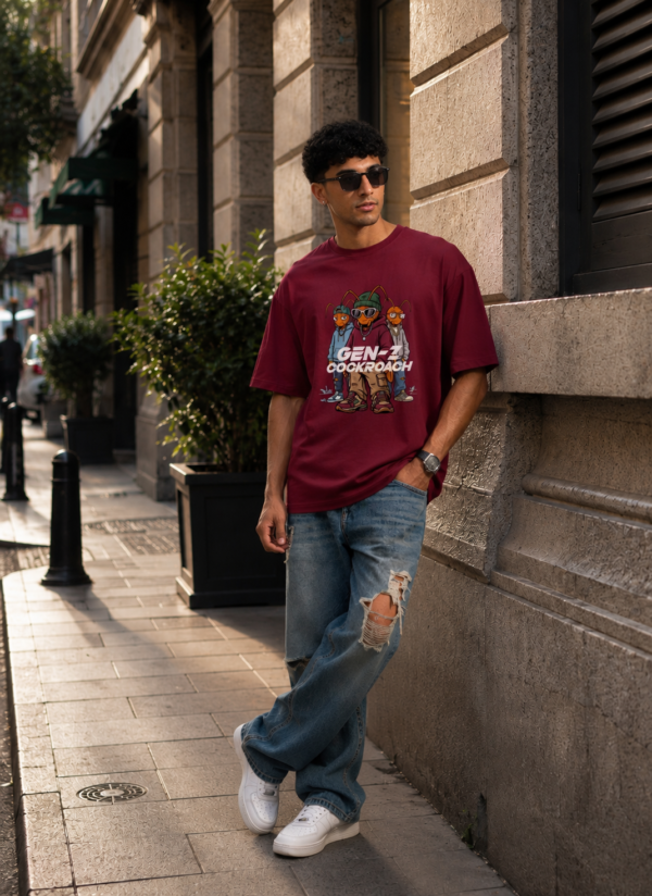 Men's Maroon Oversized T-Shirt with Gen-Z Cockroach Graphic Print for Men | Trendy Streetwear Baggy Fit Half Sleeve Round Neck Casual Tee | Premium Loopknit 240 GSM Heavyweight Cotton Oversized T-Shirt for Daily Wear, College & Urban Fashion