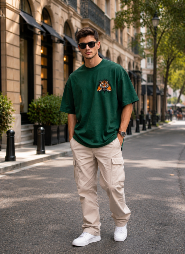 Men's Oversized Dark Green Tiger Graphic Printed T-Shirt | Trendy Animal Print Streetwear Baggy Tee for Men | Casual Half Sleeve Round Neck Drop Shoulder Fashion T-Shirt | Loopknit 240 GSM Premium Oversized Fit