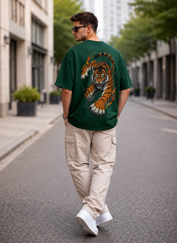 Men's Oversized Dark Green Tiger Graphic Printed T-Shirt | Trendy Animal Print Streetwear Baggy Tee for Men | Casual Half Sleeve Round Neck Drop Shoulder Fashion T-Shirt | Loopknit 240 GSM Premium Oversized Fit