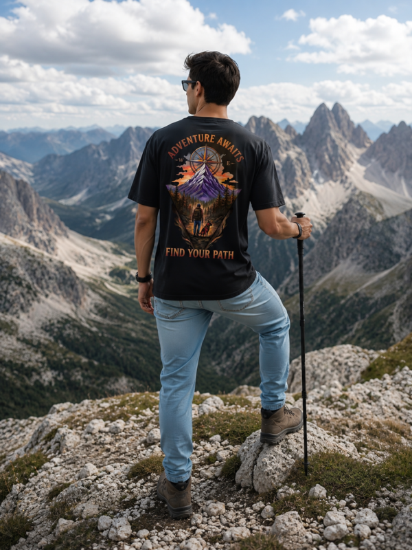 Mens Oversized Black Graphic T-Shirt | Adventure Awaits Mountain Back Print | Loopknit 240 GSM Premium Cotton Streetwear Tee