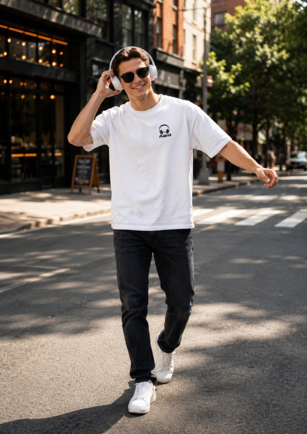 ChatGPT Image Jul 31, 2026, 03_43_48 PM Mens White Oversized Graphic T-Shirt | Premium Loopknit Cotton 240 GSM Streetwear Tee with Headphone Back Print