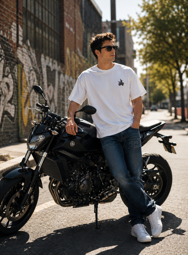 ChatGPT Image Jul 31, 2026, 05_40_07 PM Motorcycle Freedom Oversized Mens T-Shirt | Biker Graphic Back Print | White