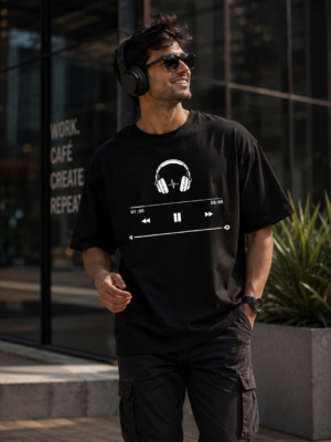 ChatGPT Image Jul 31, 2026, 05_49_34 PM Music Player Headphone Graphic Printed Black Oversized T Shirt for Men | Minimal Music Lover Design | Round Neck Streetwear Oversized T-Shirt GiftSpeaks