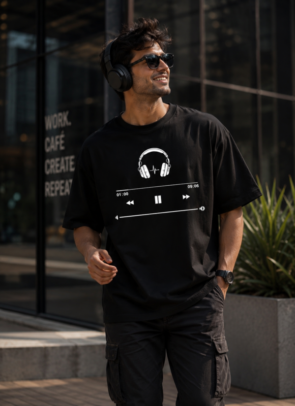 Music Player Headphone Graphic Printed Black Oversized T Shirt for Men | Minimal Music Lover Design | Round Neck Streetwear Oversized T-Shirt GiftSpeaks